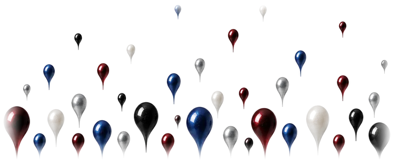Drops of metallic car paint rising upwards: bordeaux, black, white, silver and blue