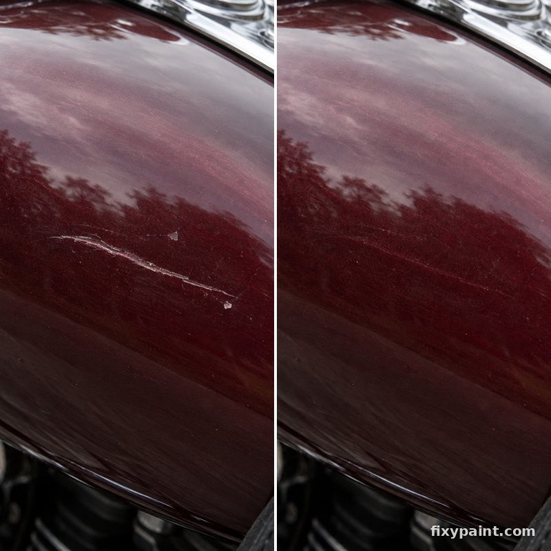 Before and after touch-up paint repair: Scratch, cruiser fuel tank