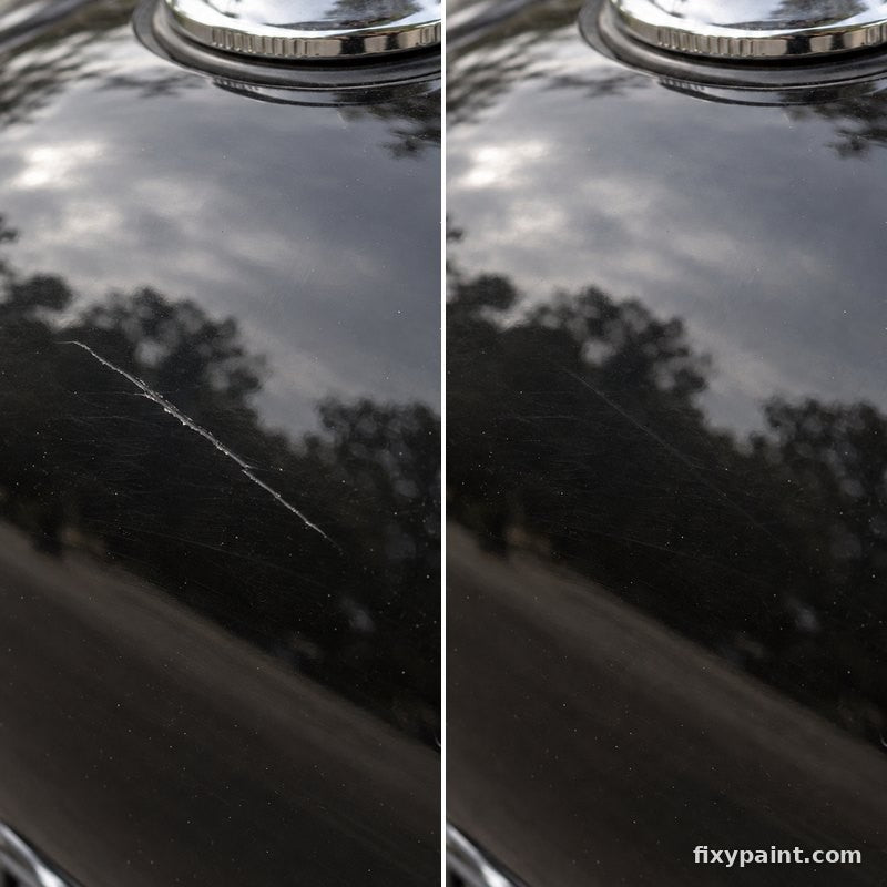 Before and after touch-up paint repair: Scratch, black fuel tank
