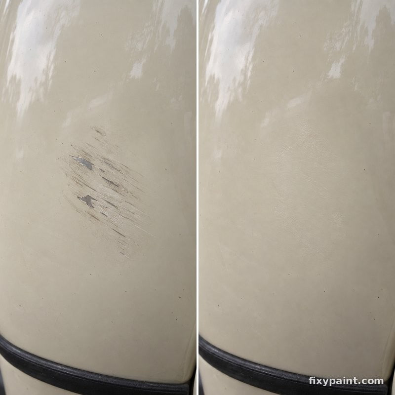 Before and after touch-up paint repair: Scuff, scooter leg shield