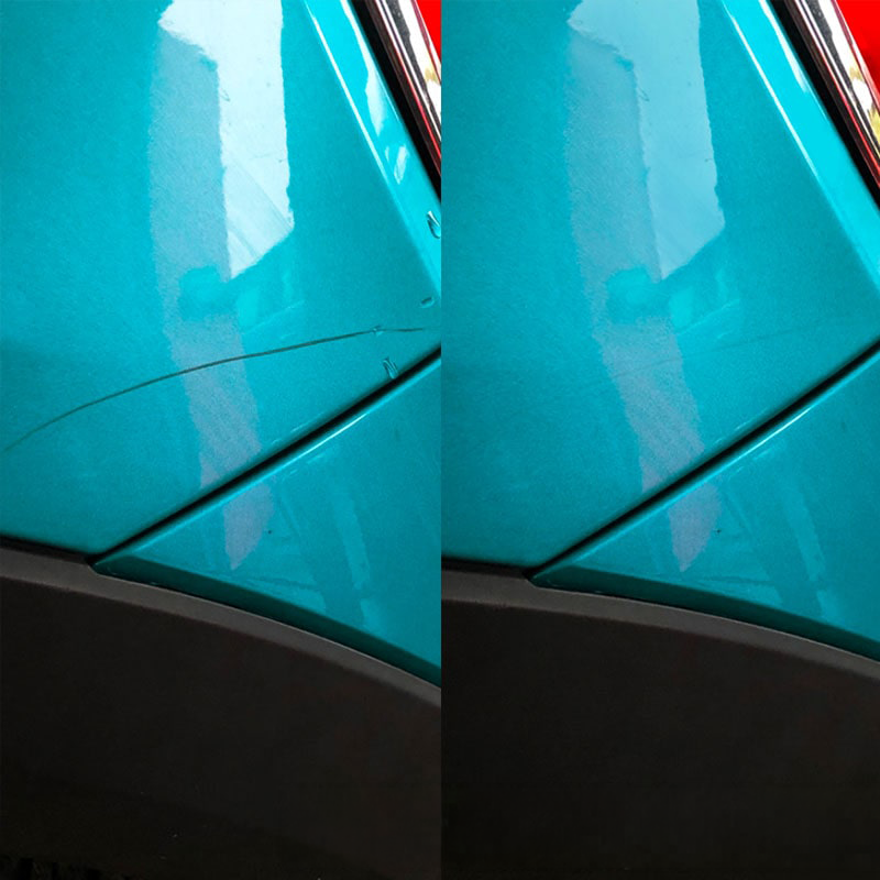 Avant et après une retouche de peinture : Rayure sur l'aile, turquoise