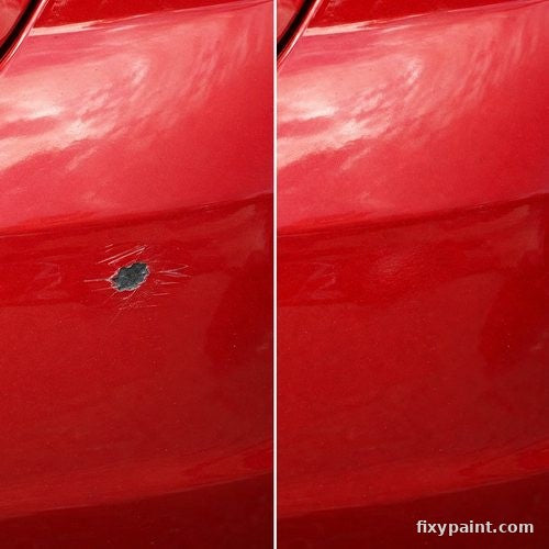Before and after touch-up paint repair: Deep chip, red paint