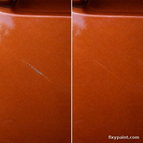 Before and after touch-up paint repair: Deep scratch, orange paint