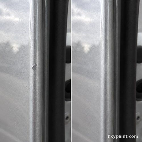 Before and after touch-up paint repair: Door edge chip