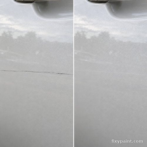 Before and after touch-up paint repair: Key scratch, silver door