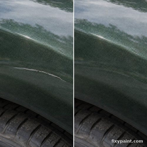 Before and after touch-up paint repair: Wheel arch scratch