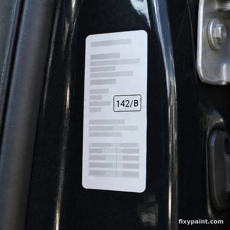 Car paint code sticker (142/B) in the driver's door jamb of a black car