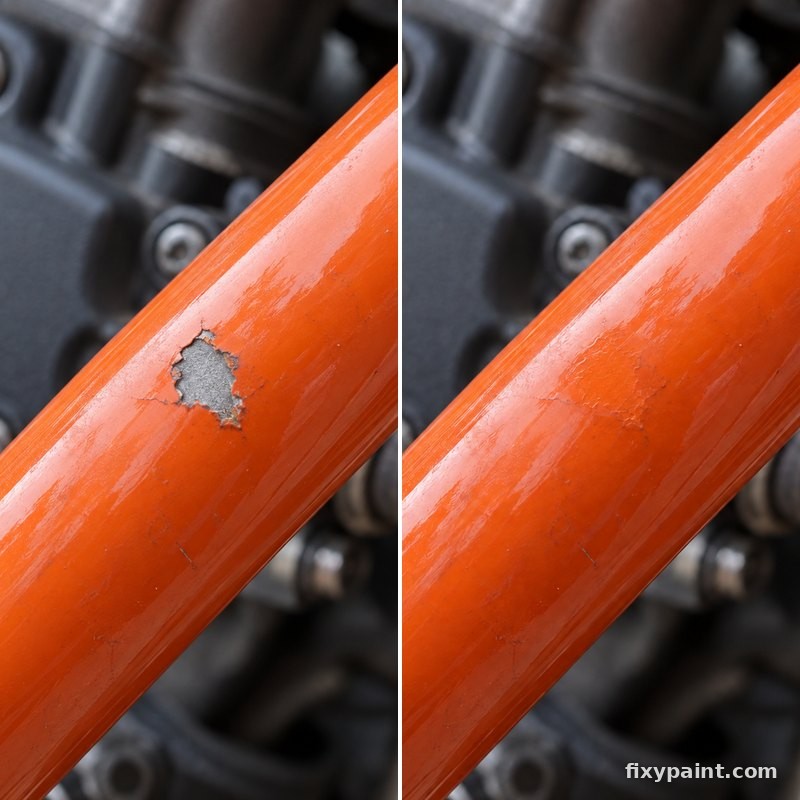 Before and after touch-up paint repair: Chip, orange frame