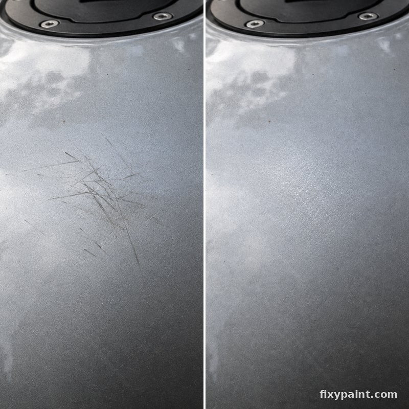 Before and after touch-up paint repair: Key scratches, silver fuel tank