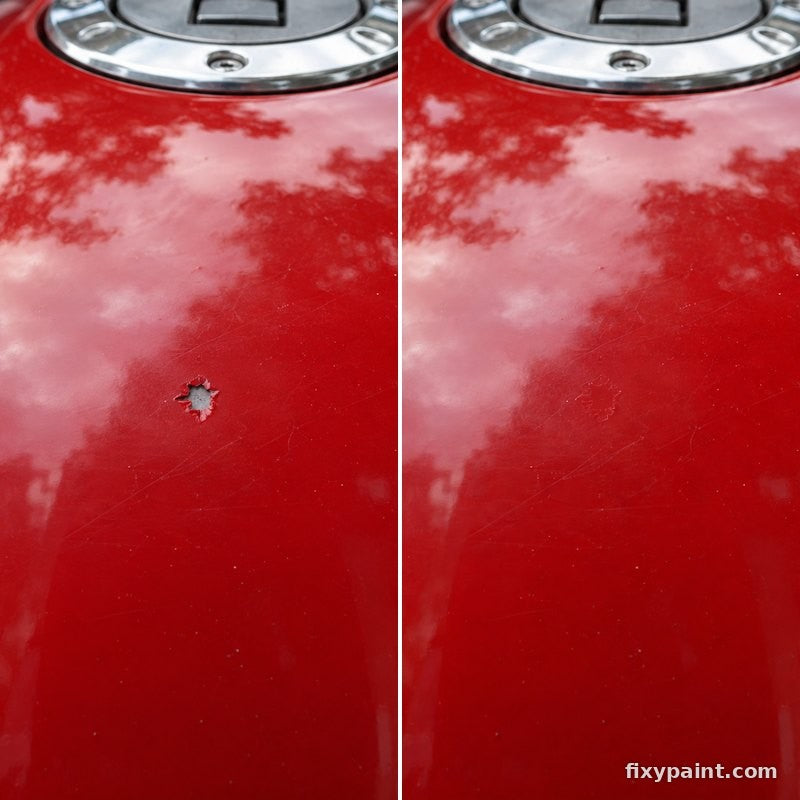 Before and after touch-up paint repair: Stone chip, fuel tank