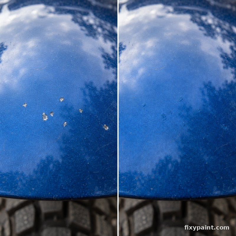Before and after touch-up paint repair: Gravel chips, front mudguard