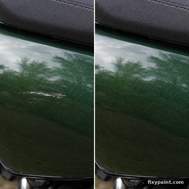 Before and after touch-up paint repair: Scratch, green side panel