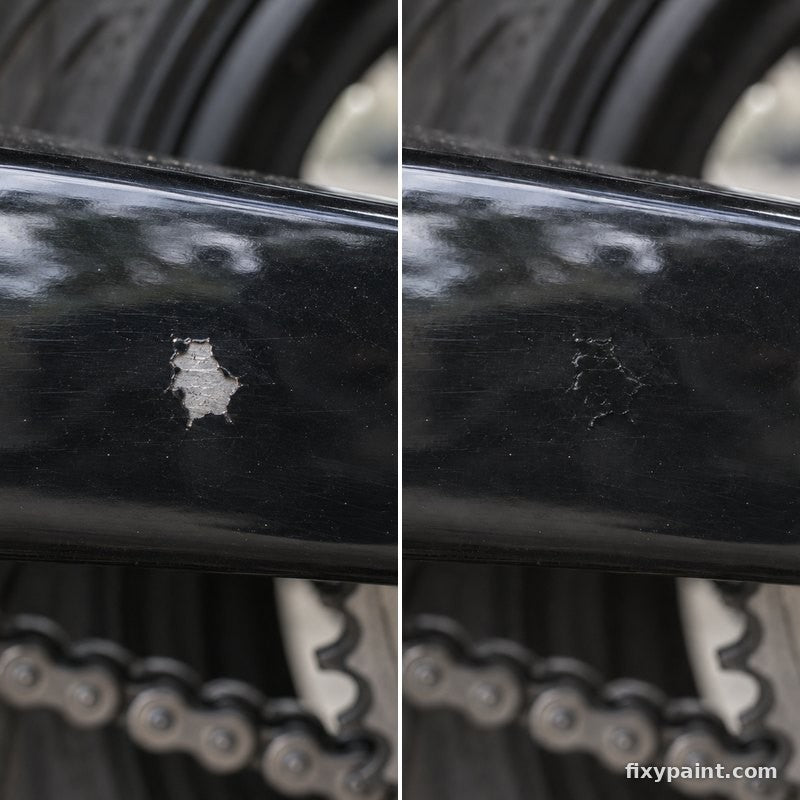 Before and after touch-up paint repair: Chip, black swingarm