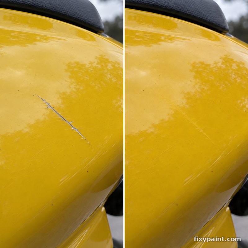Before and after touch-up paint repair: Scratch, yellow tail cowl