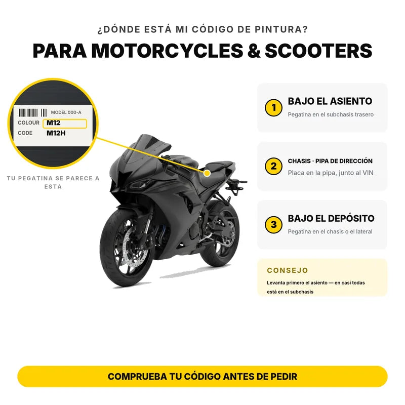 Dónde está el código de pintura en una moto o scooter: bajo el asiento, en la pipa de dirección, bajo el depósito