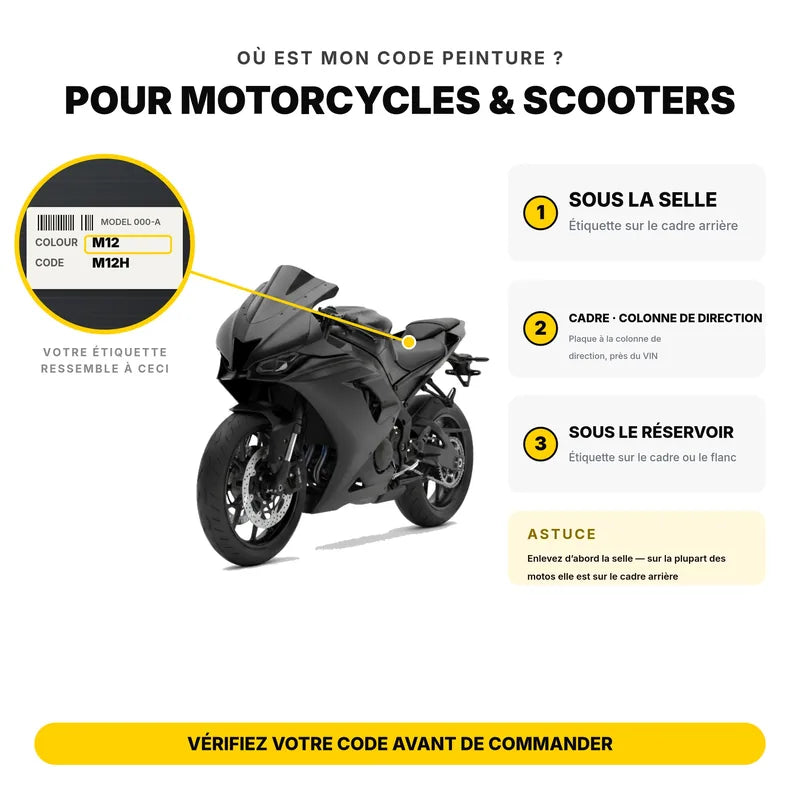 Où trouver le code peinture sur une moto ou un scooter : sous la selle, à la colonne de direction, sous le réservoir